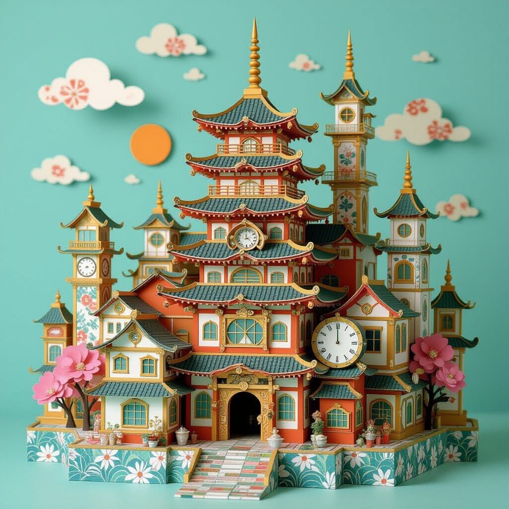 Chiyogami Steampunk City in Anime Manga Style