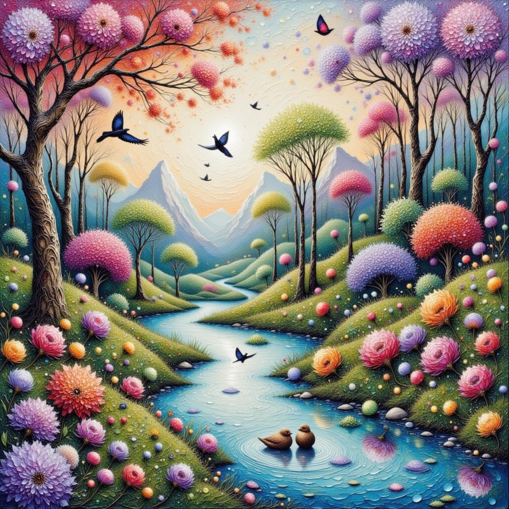 Surreal Fantasy Landscape with River in Pastel Colors