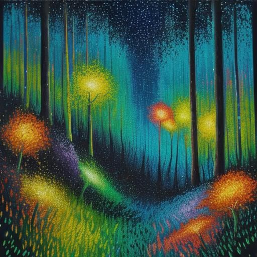 Neon Pointillist Forest with Fireflies and Impasto Paint