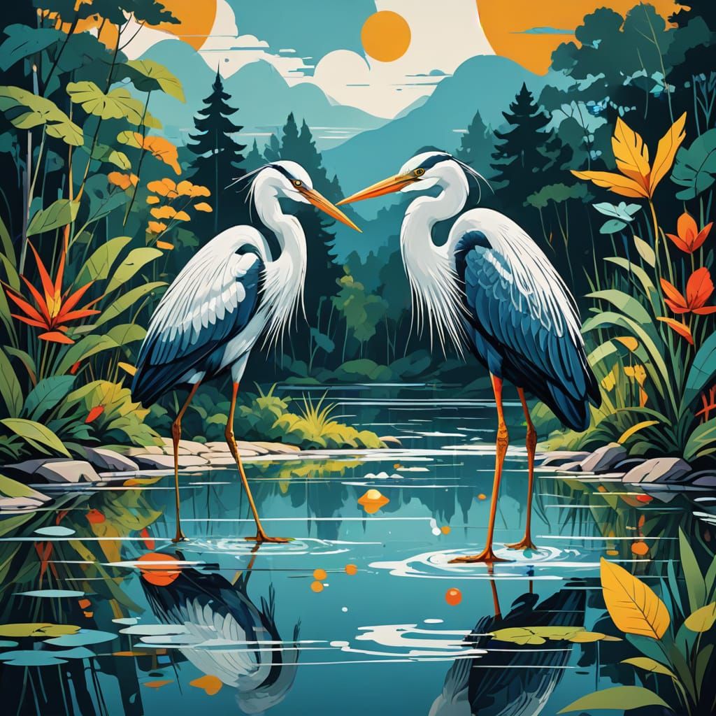 Vibrant Cartoon Herons in Triadic Harmony