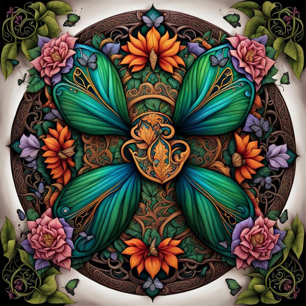Exotic Floral Mandala with Butterflies in Gouache Style