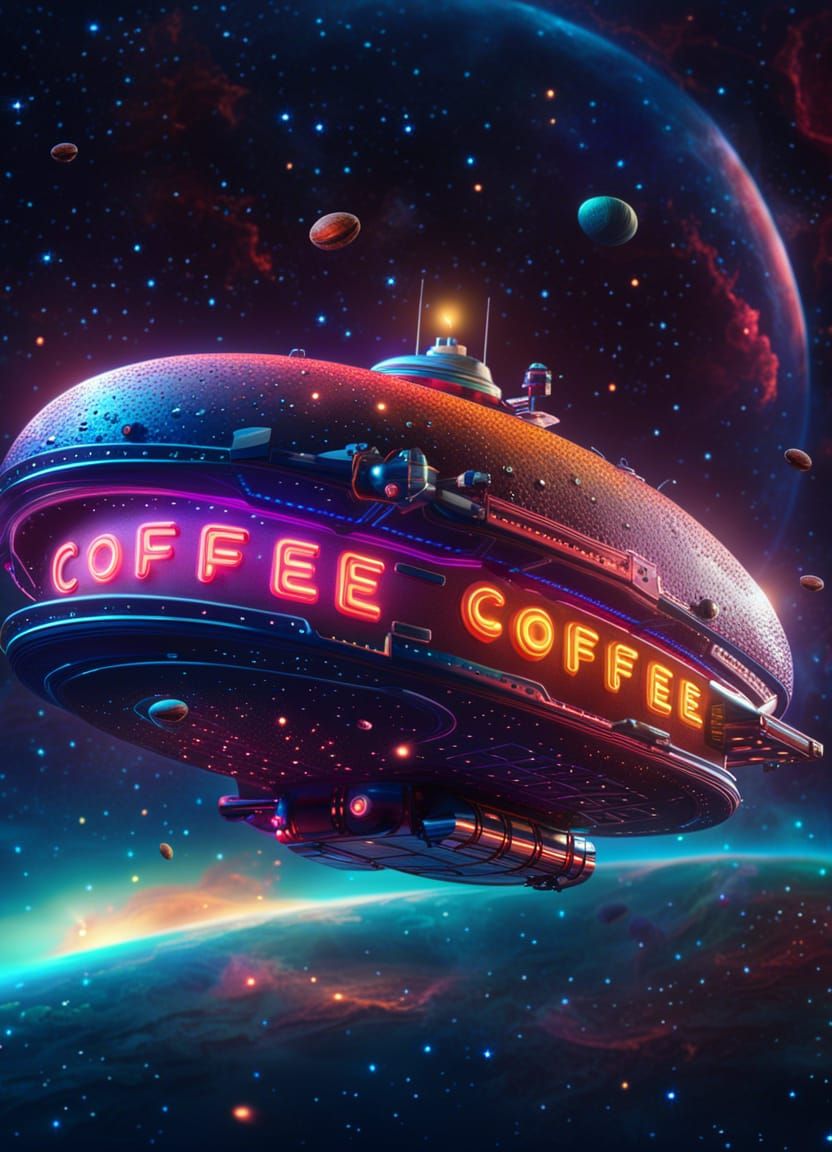 Coffee Shop Spaceship in Pointillism Style