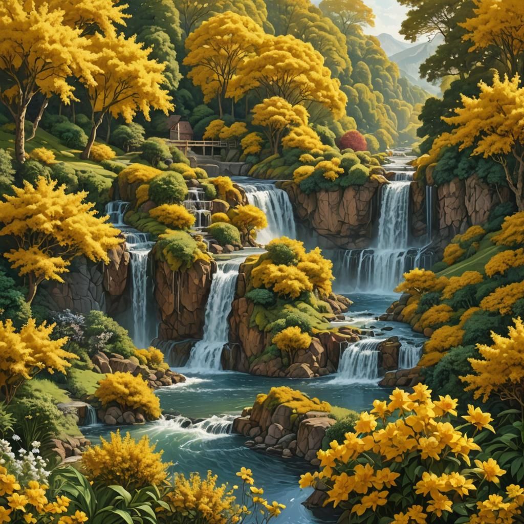 Bright River Waterfall Landscape in Rust Style