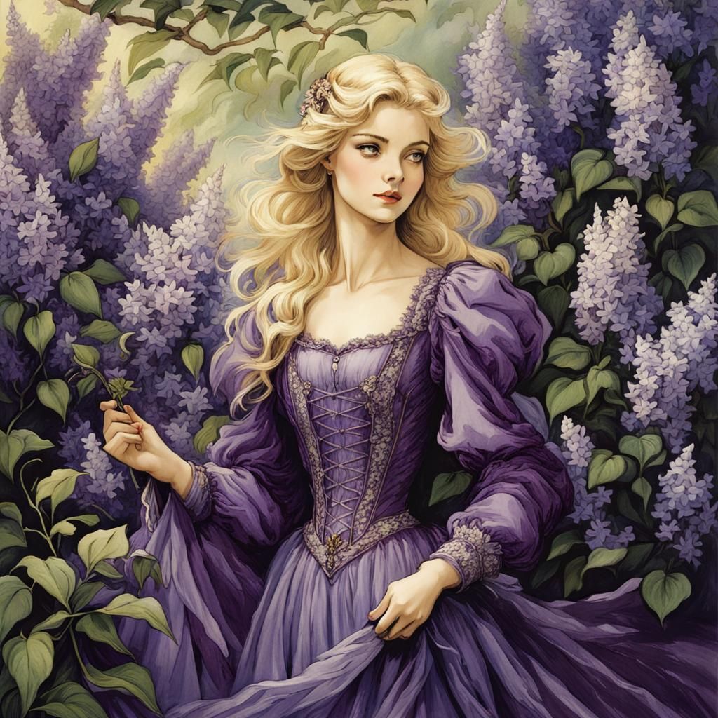 Anime Woman in Lilacs, Arthur Rackham Style