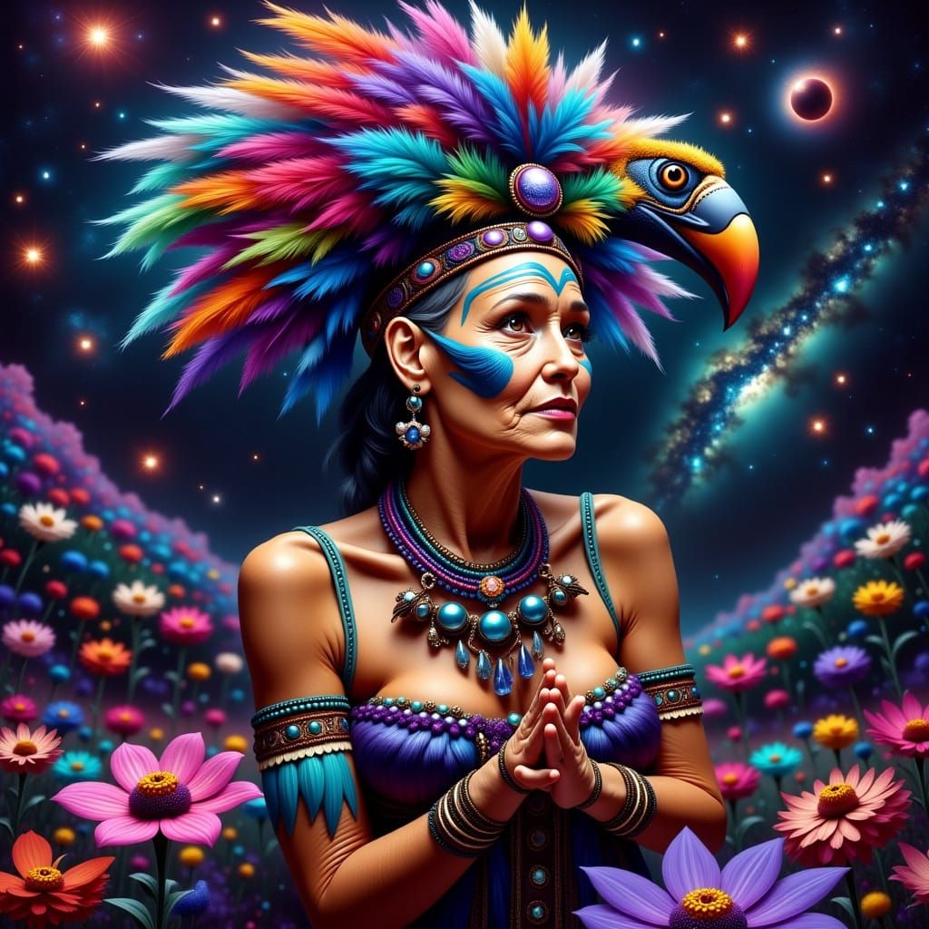 Mysterious Shaman Goddess in Vibrant Feathered Attire