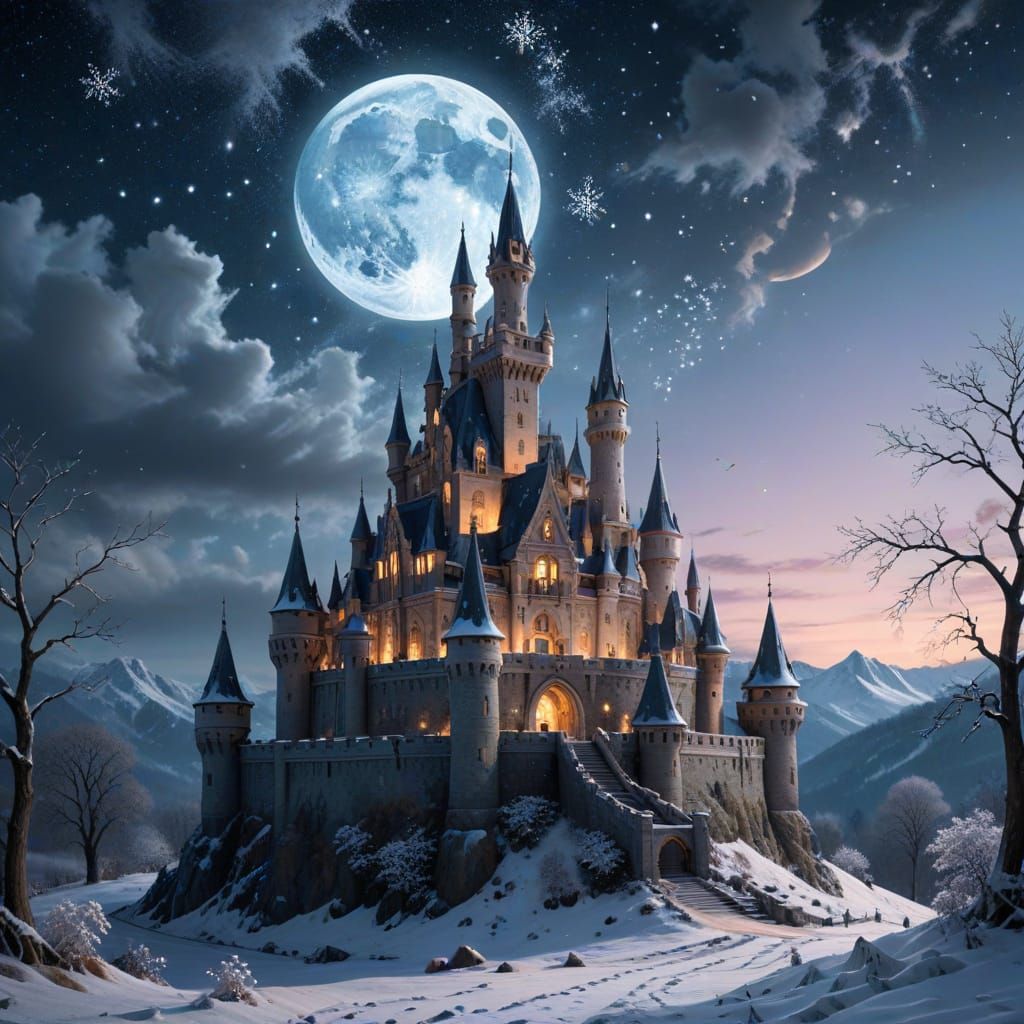 Gothic Castle Under Starry Night Sky in Dreamlike Atmosphere