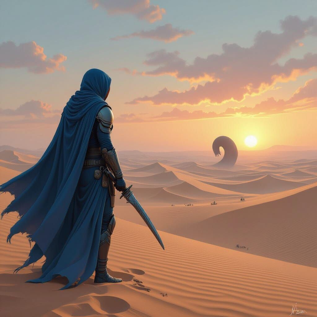 Fremen Warrior on Dune at Sunset: Sci-Fi Art