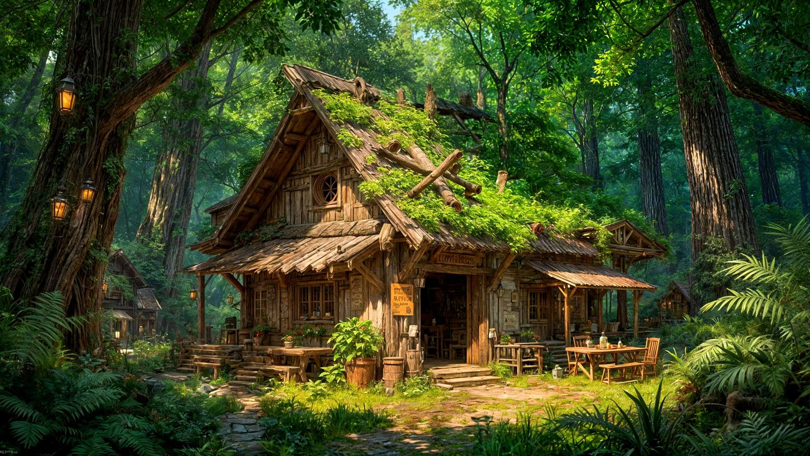 Rustic Forest Tavern Matte Painting in Deep Fantastical Colo...