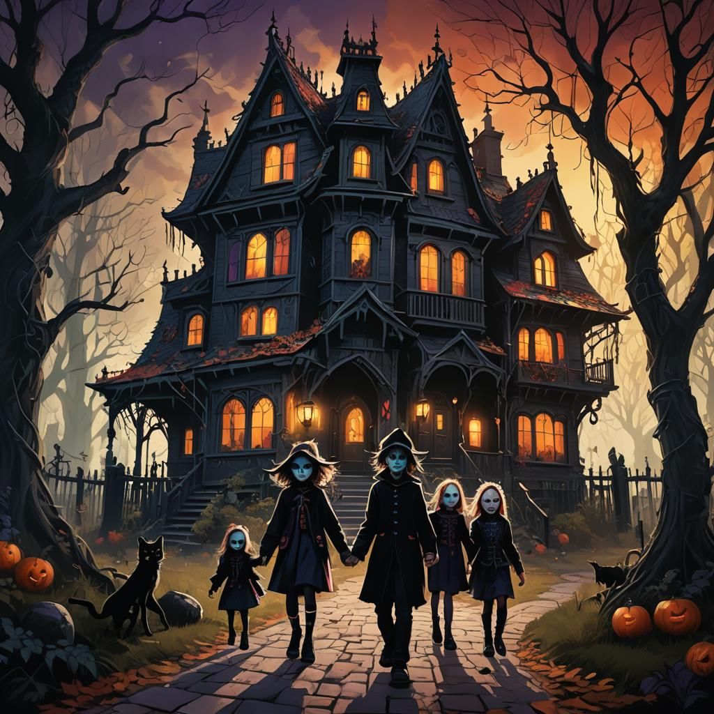Haunted House Fantasy Art with Costumed Children