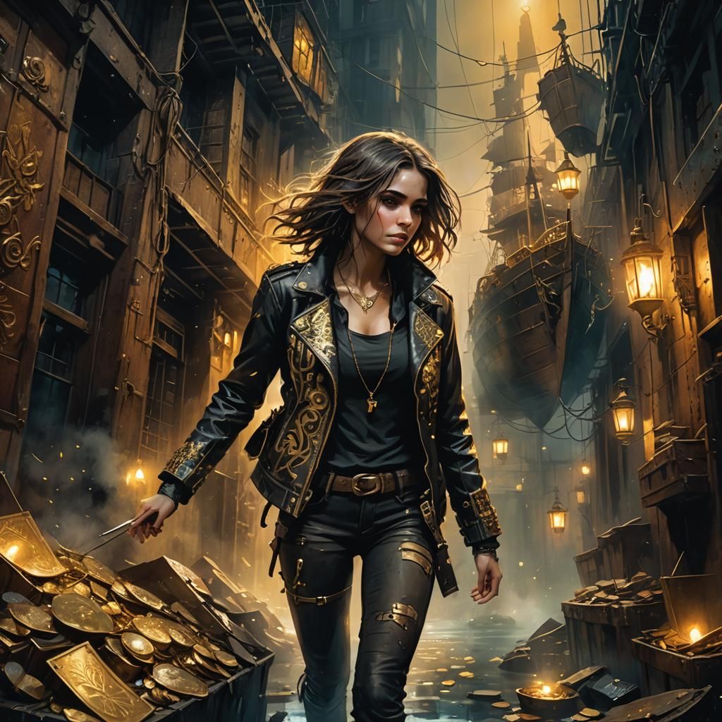 Grunge Girl Stealing Gold in Dark Alley