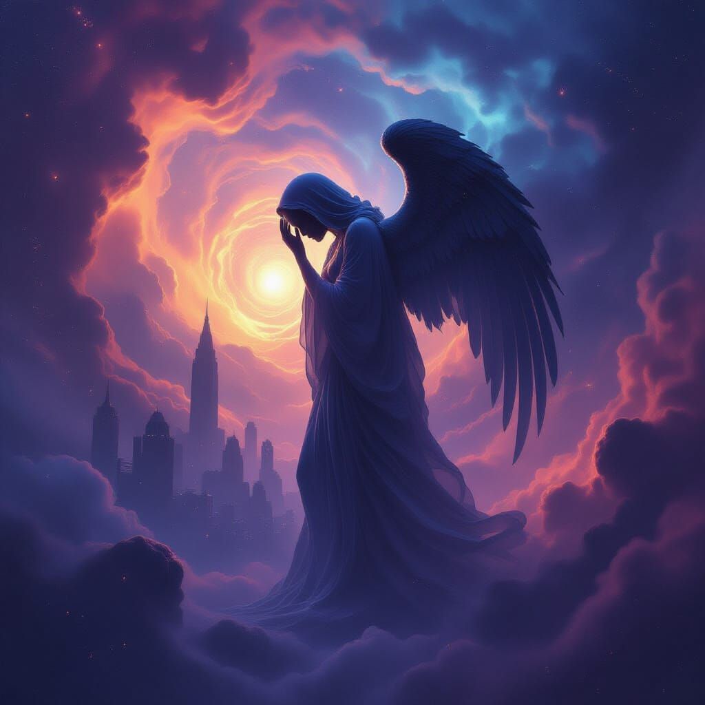 Nebula Forms Weeping Angel Silhouette Over Dystopian City