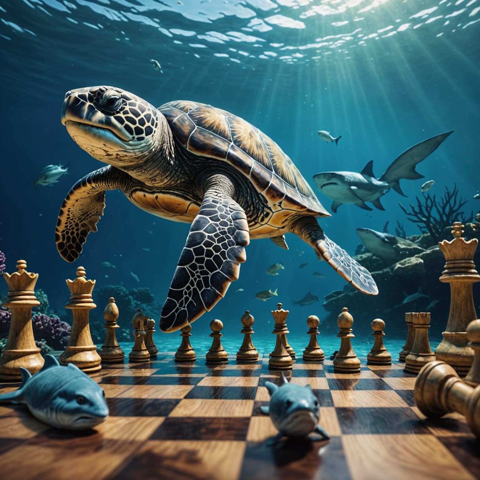 Underwater Chess Match: Turtle vs Shark in Hyperrealism