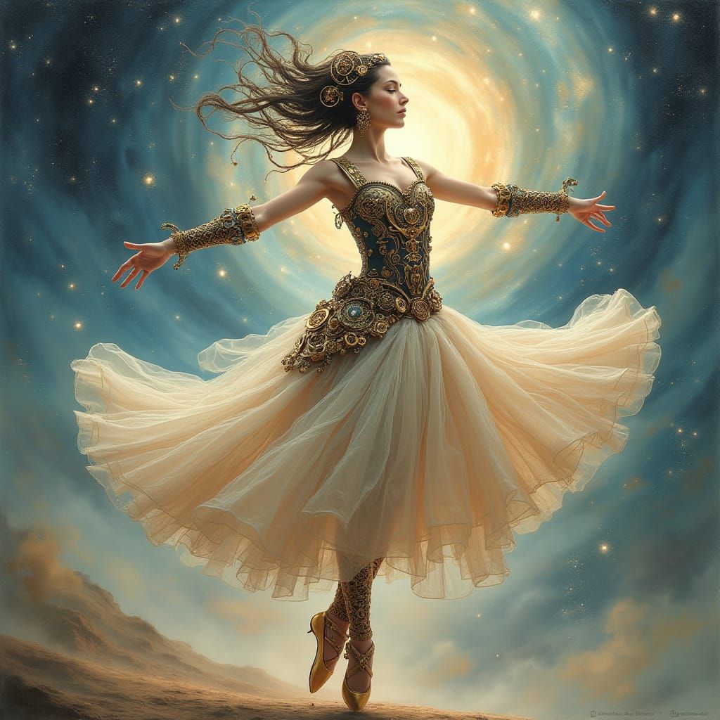 Clockwork Dancer in Cosmic Nebula, Ink Wash Style