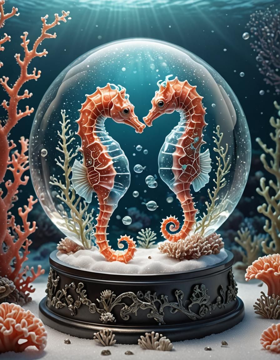 illustration of a snow globe. A snow globe depicts 2 small seahorses