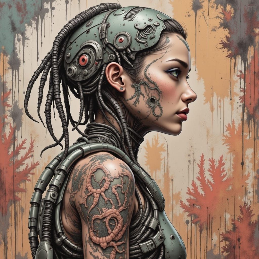 Cyborg Woman with Coral Tattoos in Giger Style