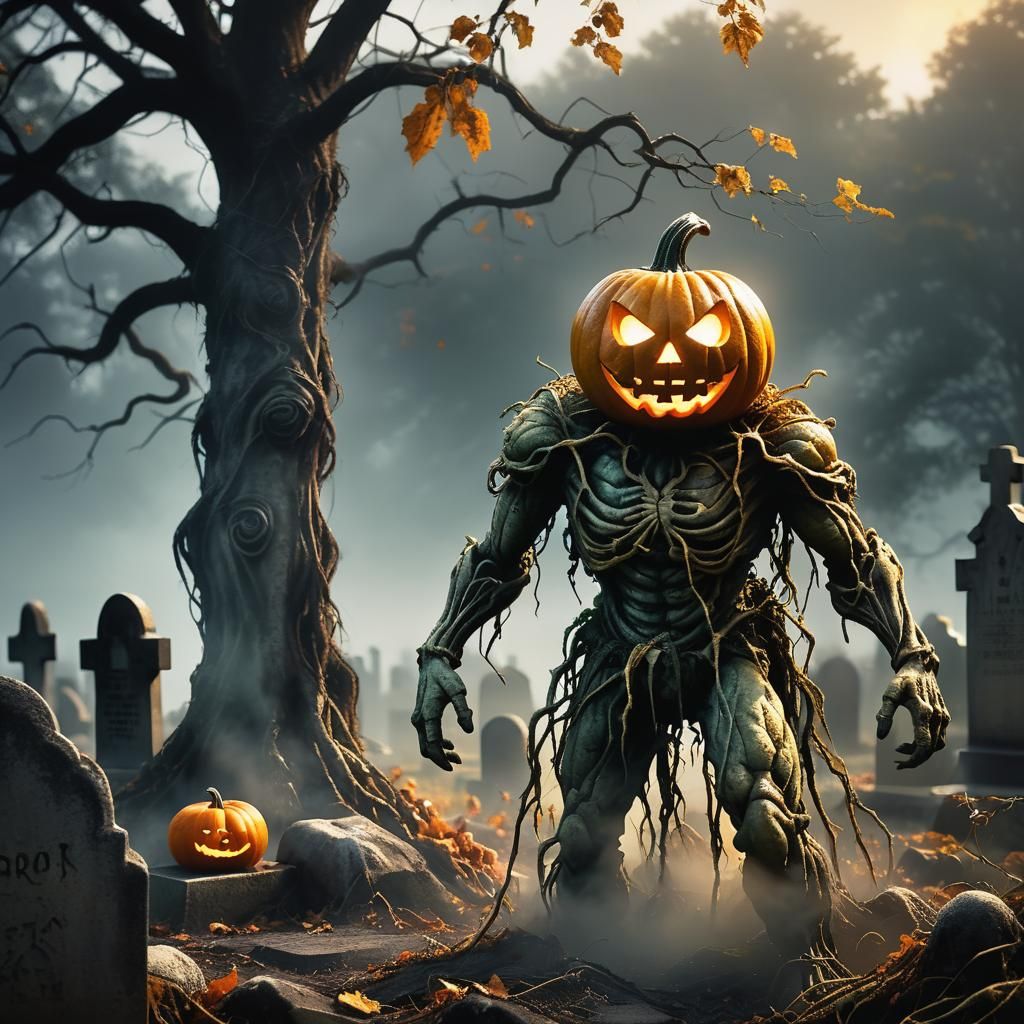 Haunted Pumpkin in Cemetery: Surreal Digital Art