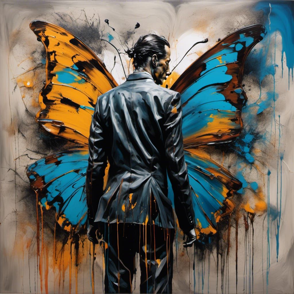 hybrid butterfly man, Darkness stirs and wakes imagination, surrealism Salvador Dali matte background melting oil on can...