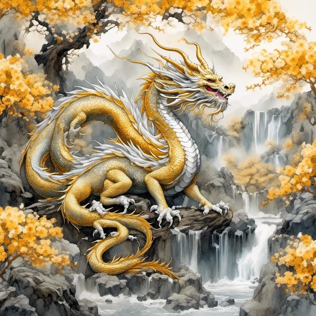 Japanese Watercolor Dragon with Floral Filigree
