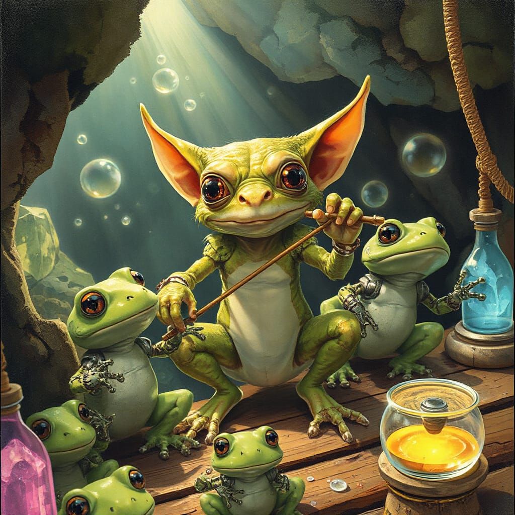 Gremlin Conducts Robotic Frog Symphony in Grotto