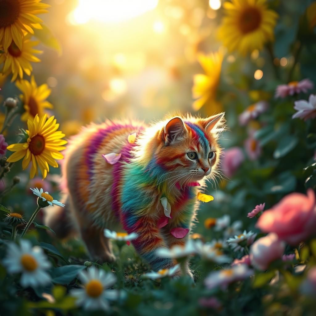 Rainbow Cat in Blooming Flower Garden, Cinematic Style