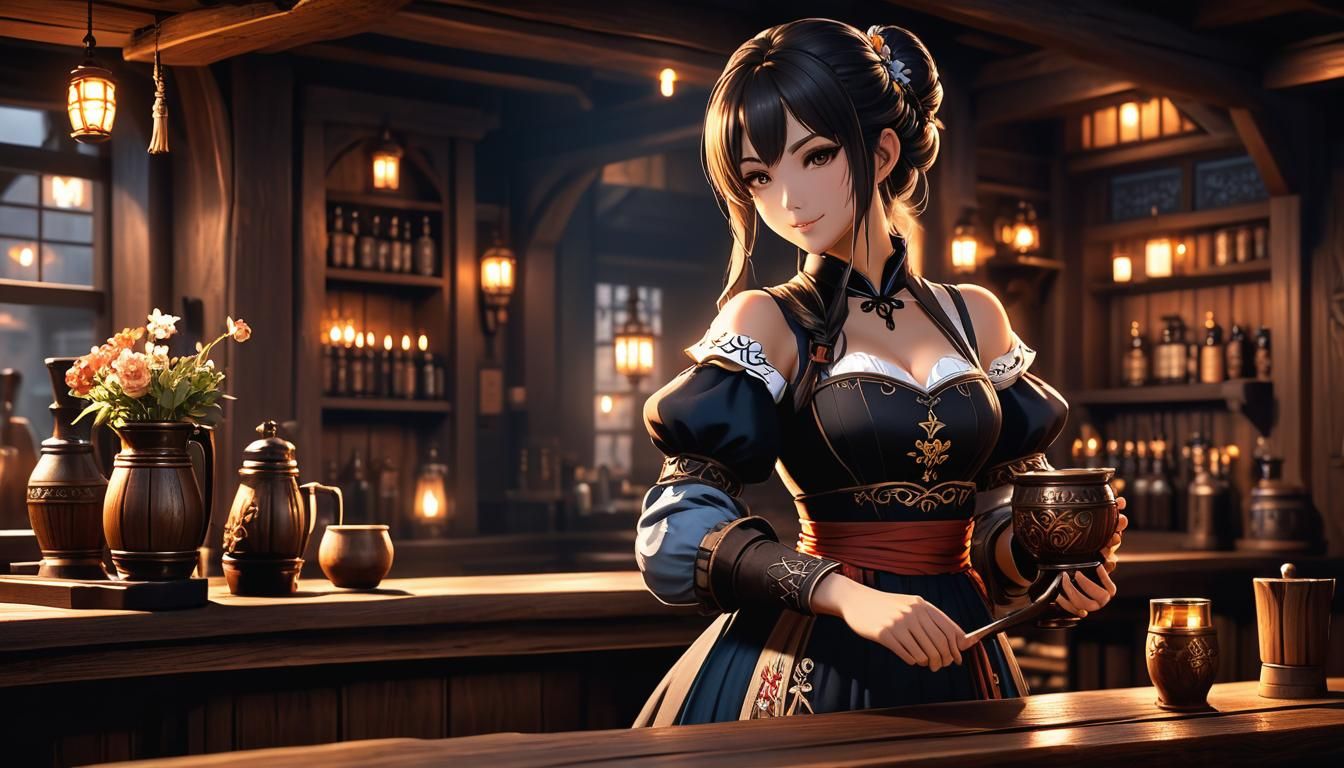 Medieval Fantasy Tavern Girl in Anime Style