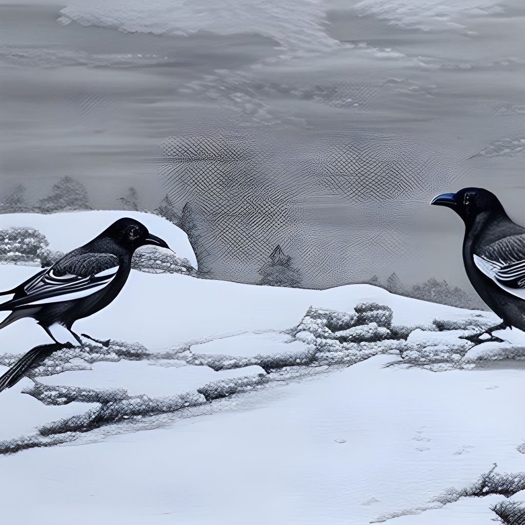 Magpies Playing in Snow: Detailed Pencil Sketch
