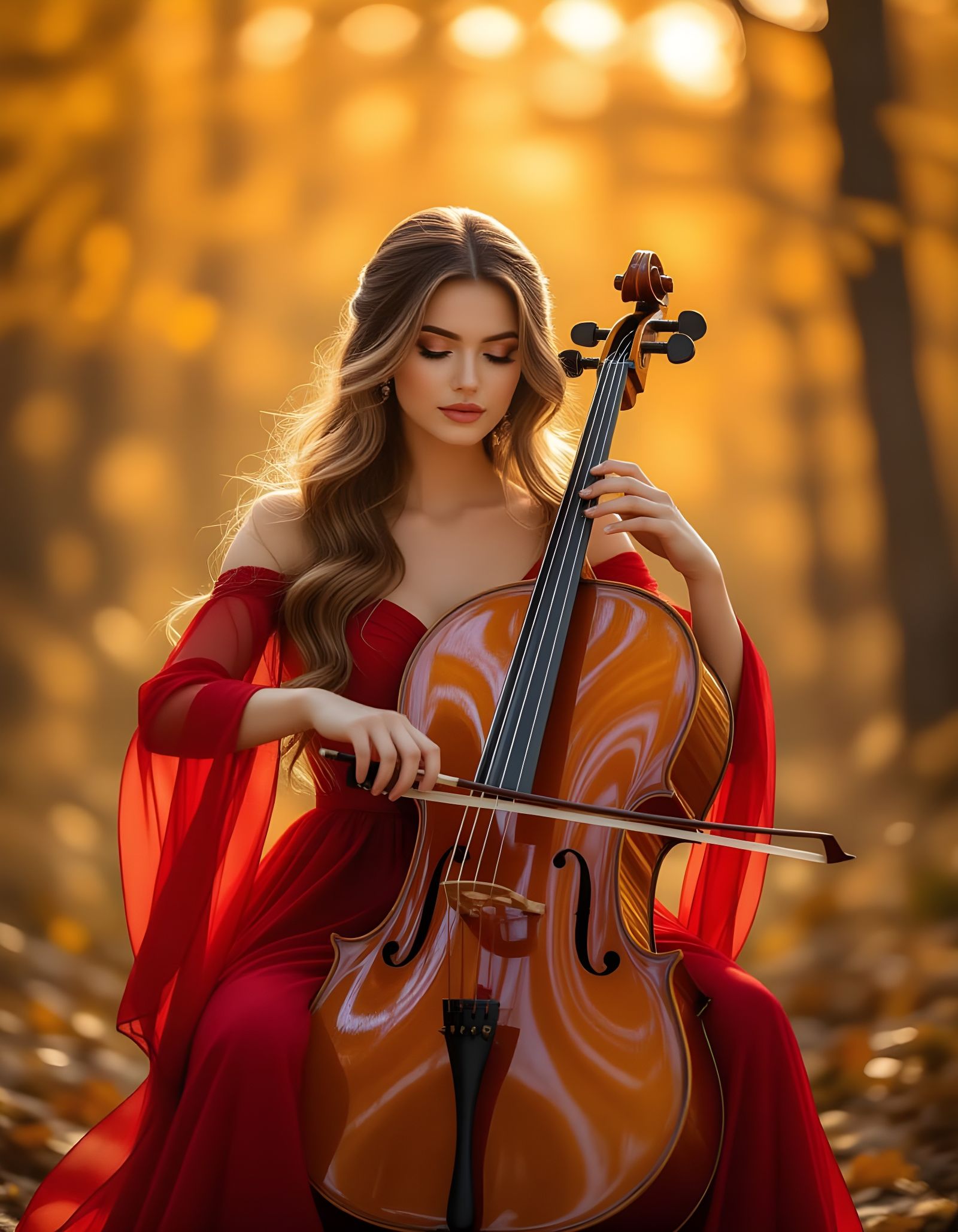 Young Woman Plays Celestial Cello in Bioluminescent Autumn F...
