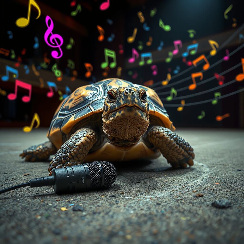 Photorealistic Turtle's Opera Debut with Floating Music