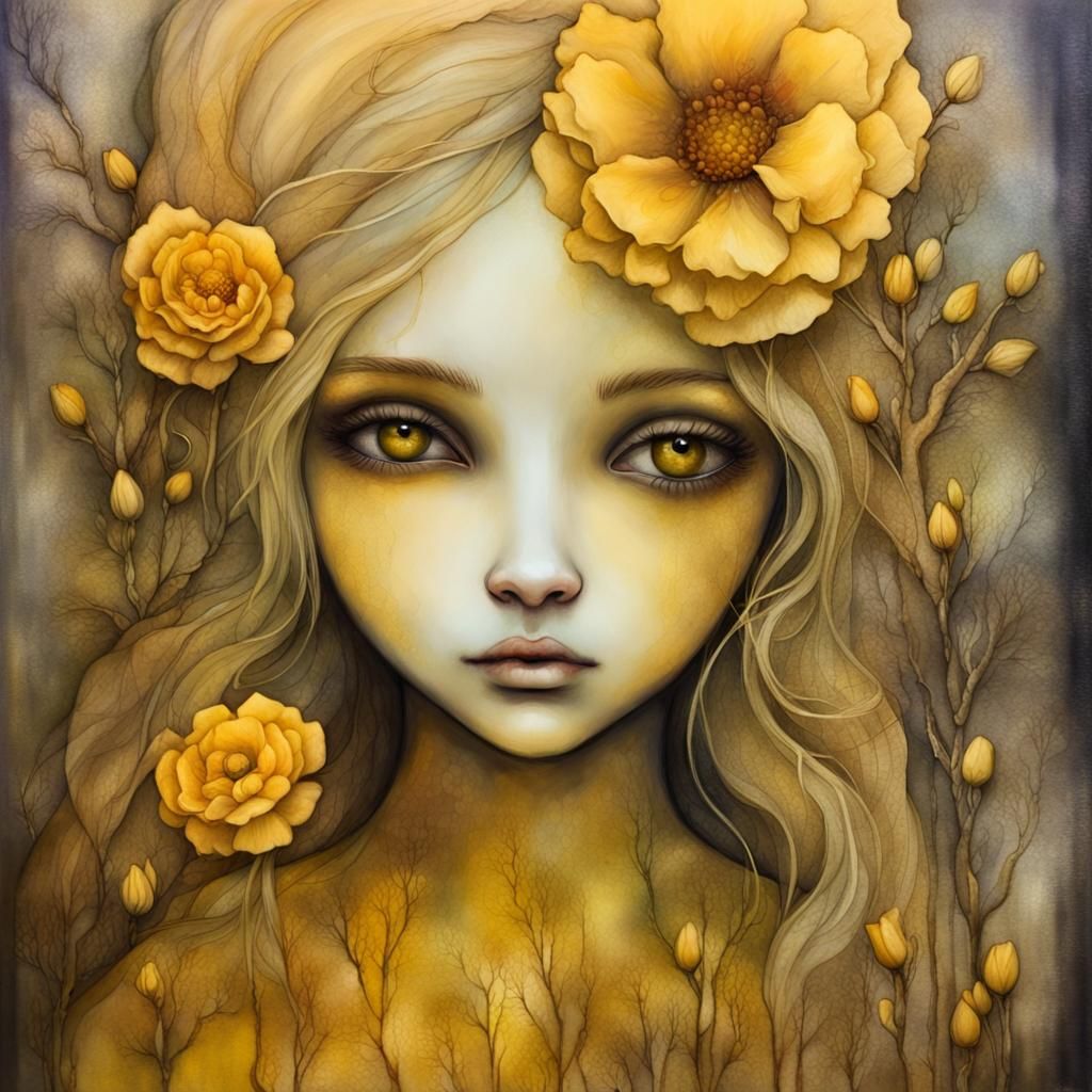 Surreal Yellow Portrait in Alcohol Ink Style