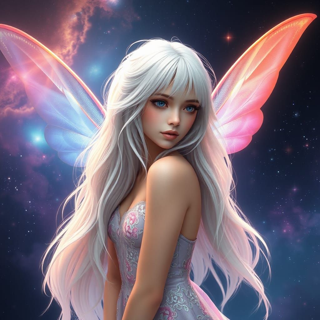 Platinum Haired Fairy in Starry Galaxy, Digital Art