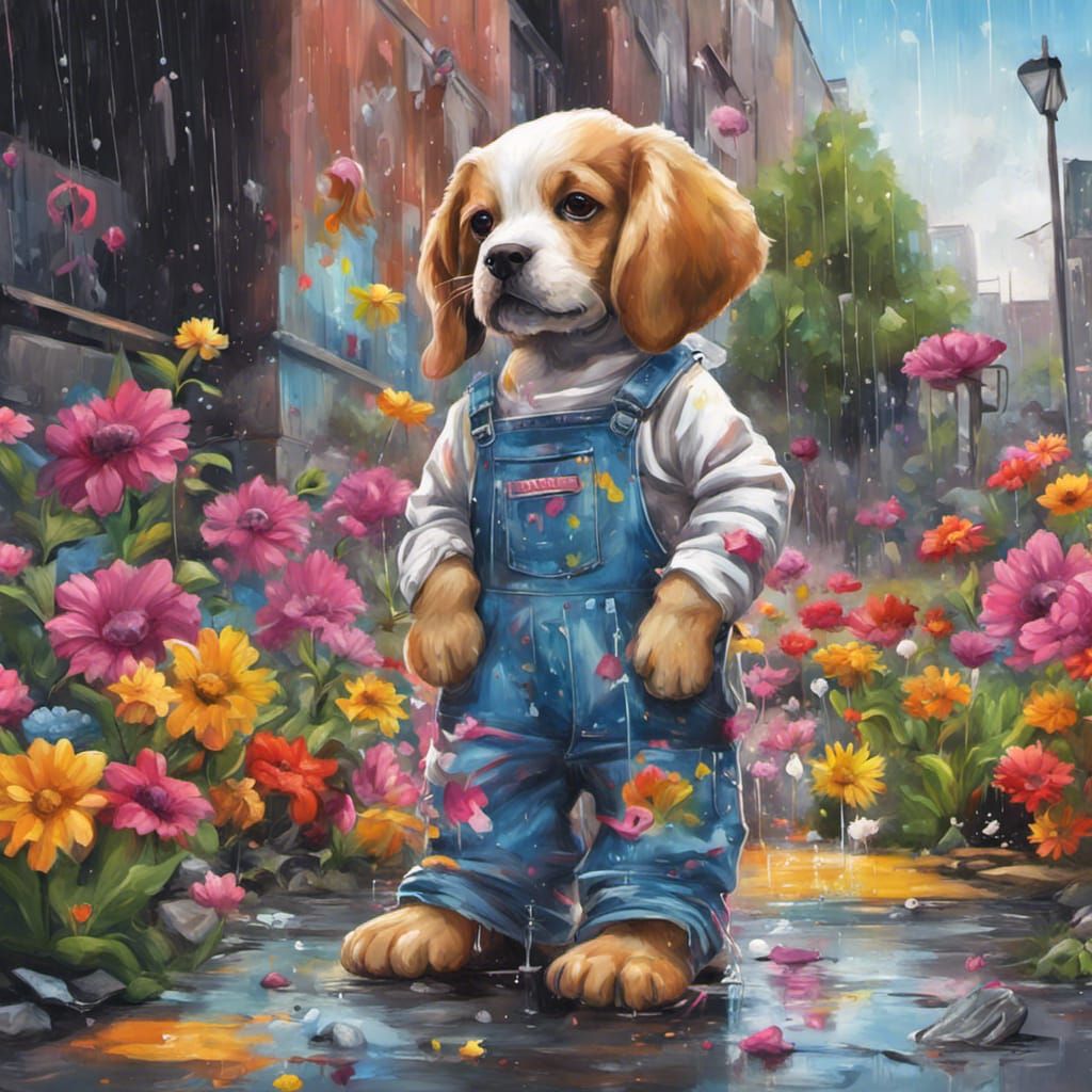 Colorful Graffiti Art Puppy in Overalls