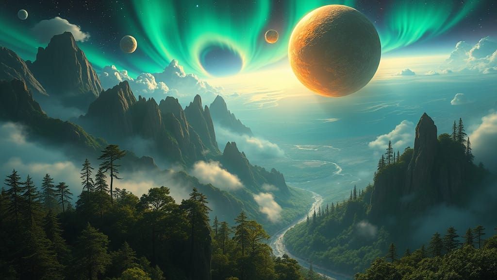 Surreal Cosmic Portal Unfolds on Emerald Planet