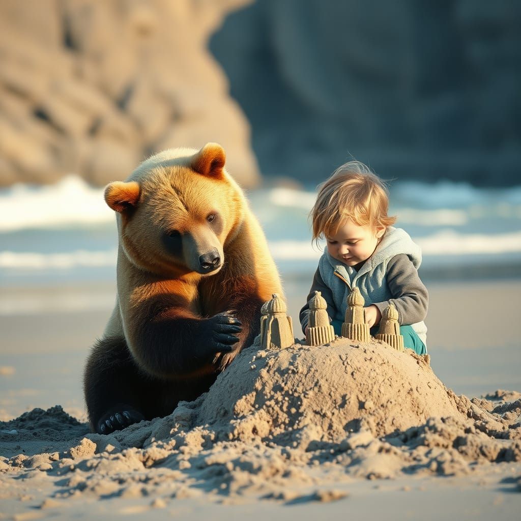 Child and Grizzly Bear Build Sandcastles on Beach