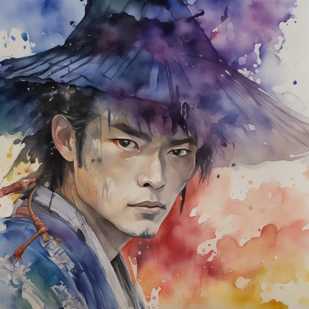 Samurai in Colorful Watercolor Landscape