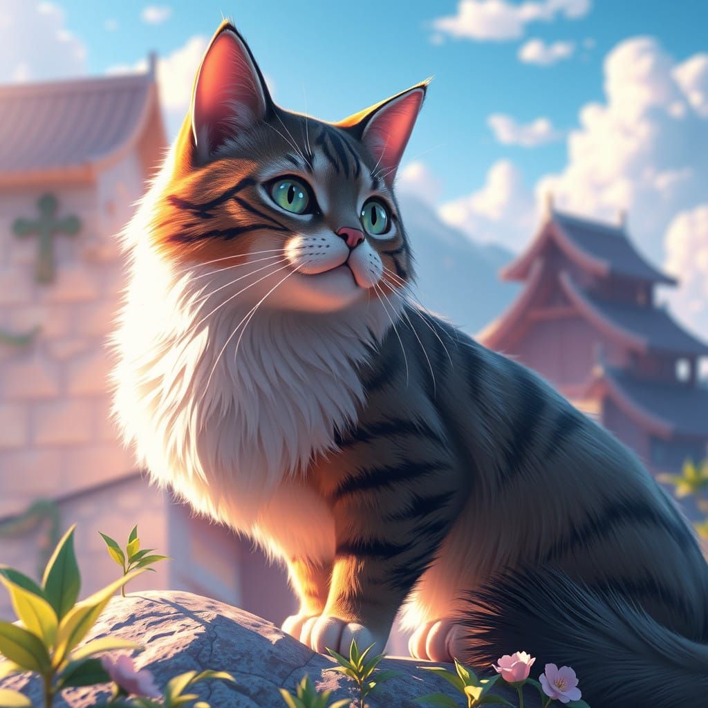 Anime-Inspired Cat in a Majestic Landscape