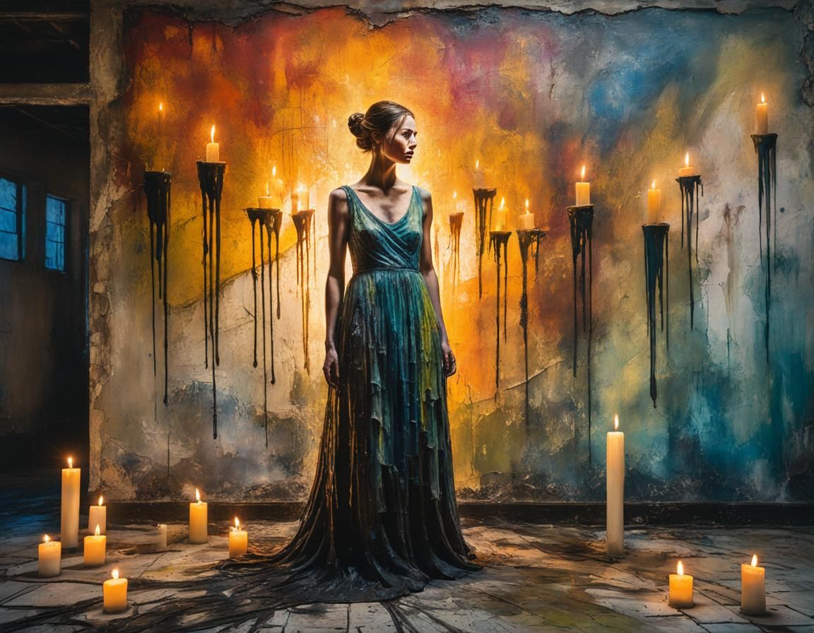 Encaustic Painting of Woman in Abandoned Room