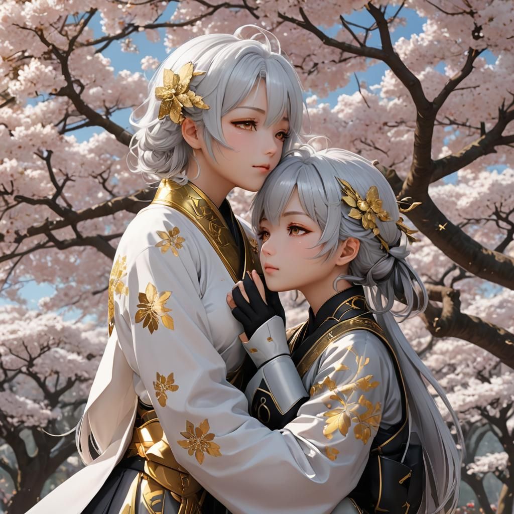 Anime Women Embrace Under Sakura Tree in 3D Art