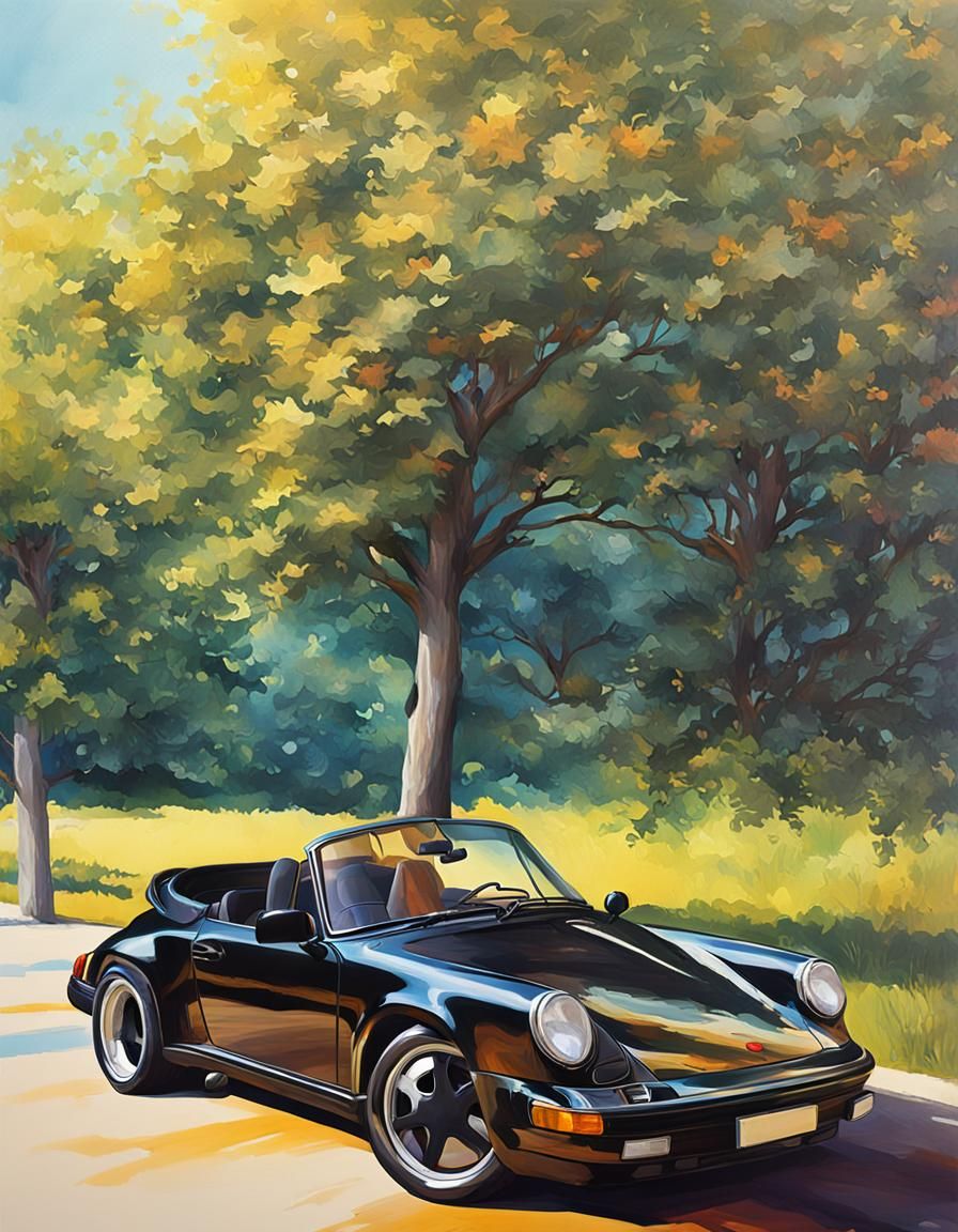 Black Porsche 911 Convertible in Splash Art Style