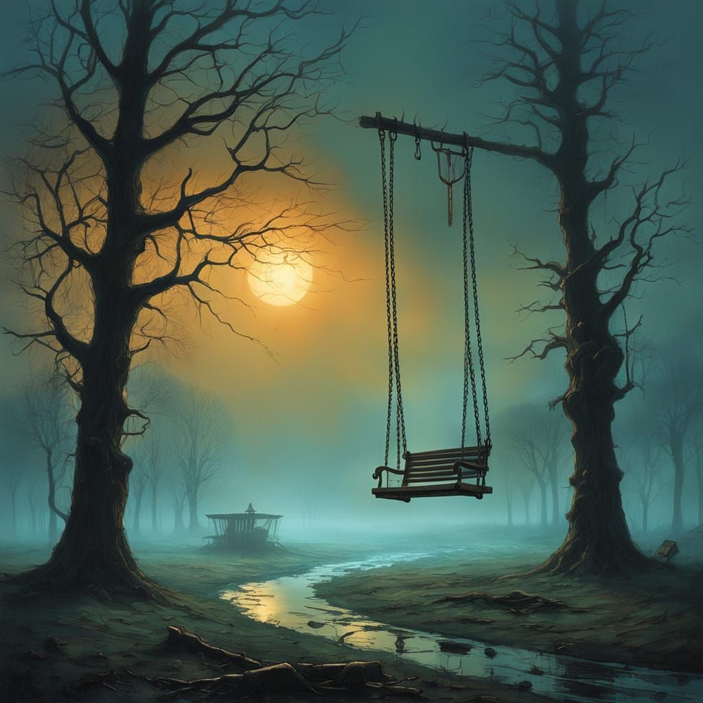 Ethereal Foggy Playground Scene in a Haunting Atmosphere