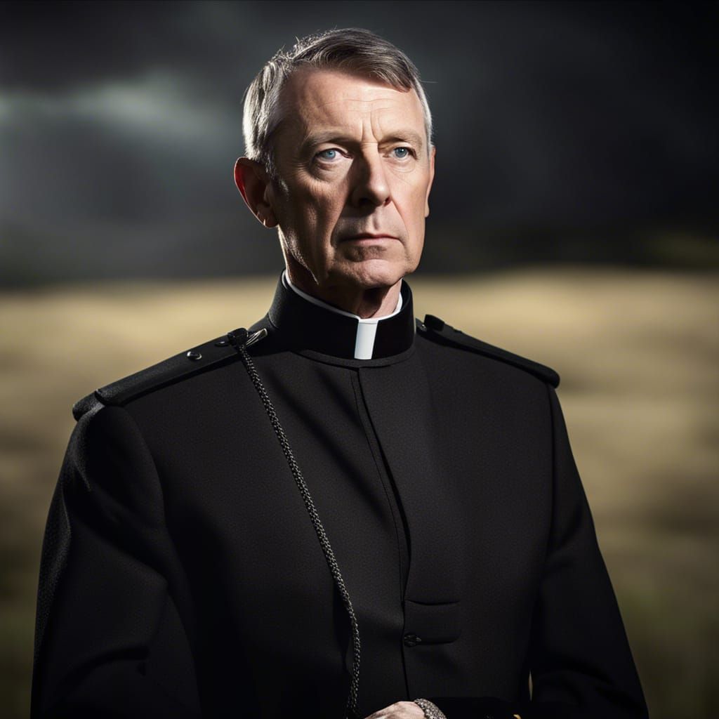 Intense Bishop Portrait on Battlefield in Unreal Engine