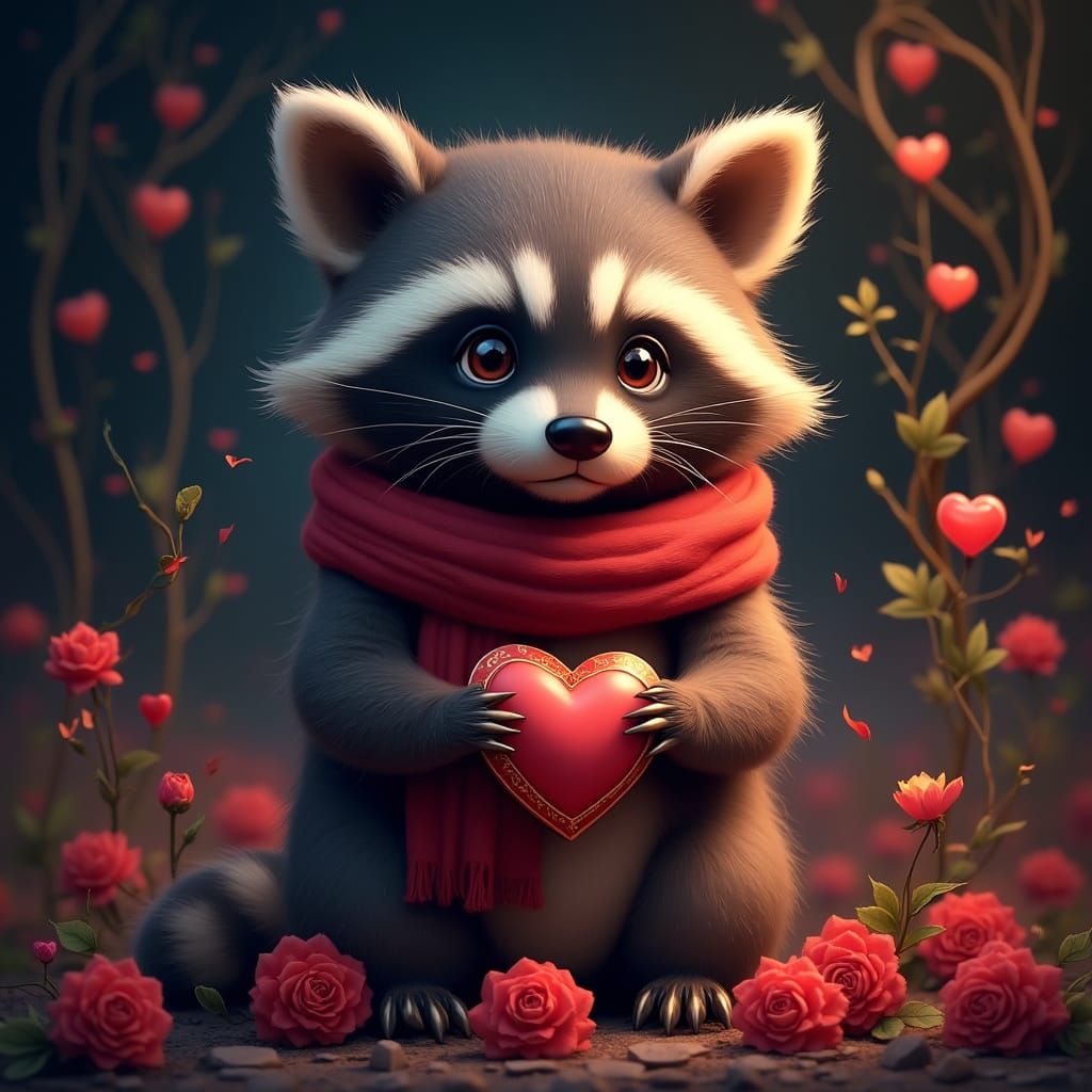Whimsical Valentine's Raccoon in Enchanting Florals