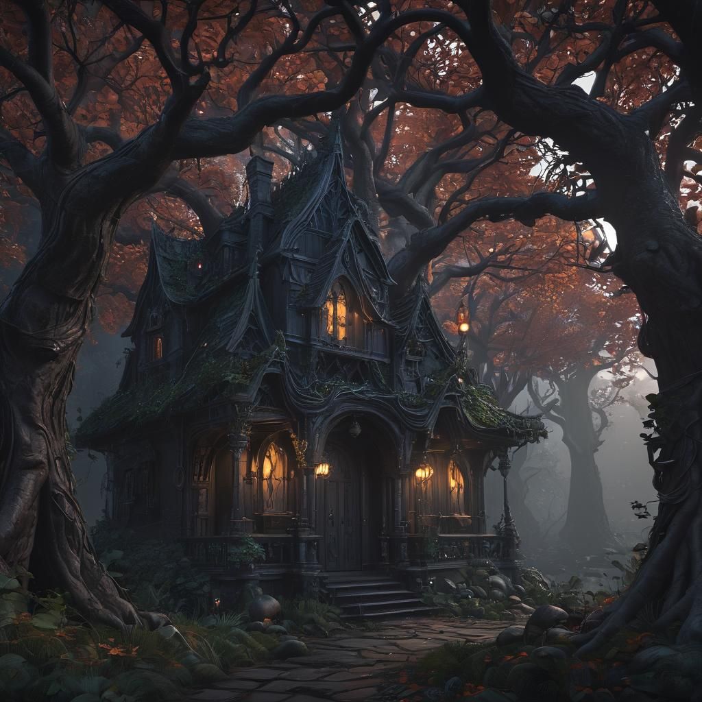 Mystical Gothic Home in Dark Fantasy Forest