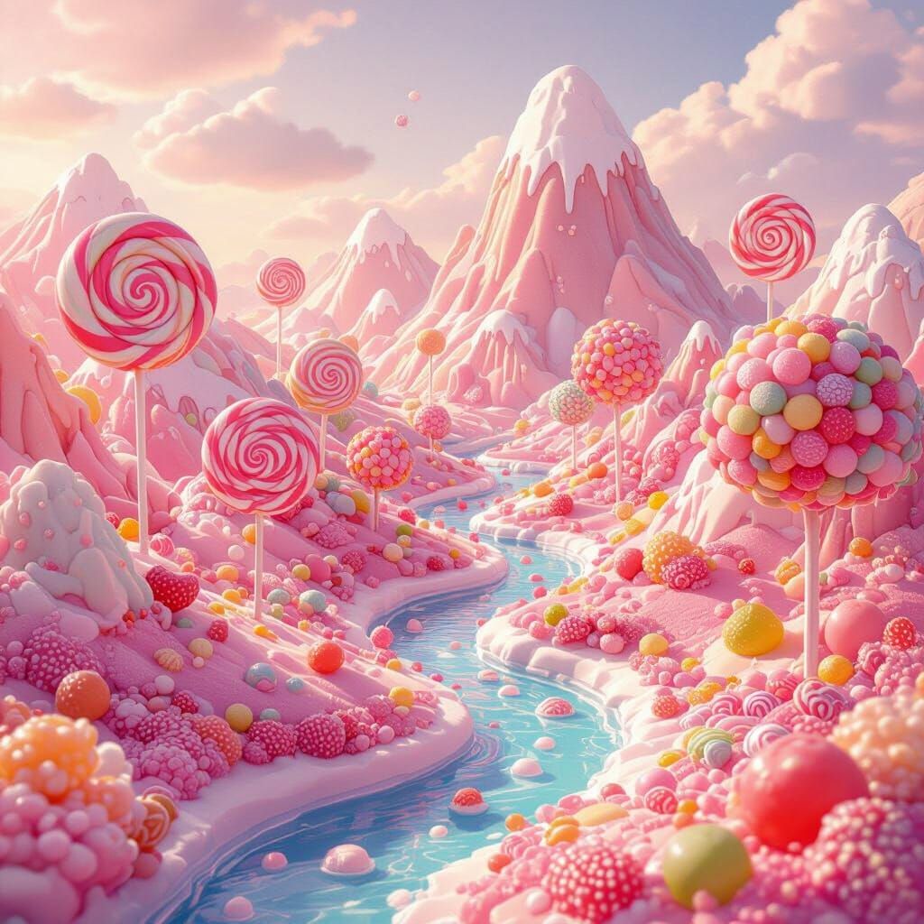 Candy Wonderland Landscape With Lollipop Mountains