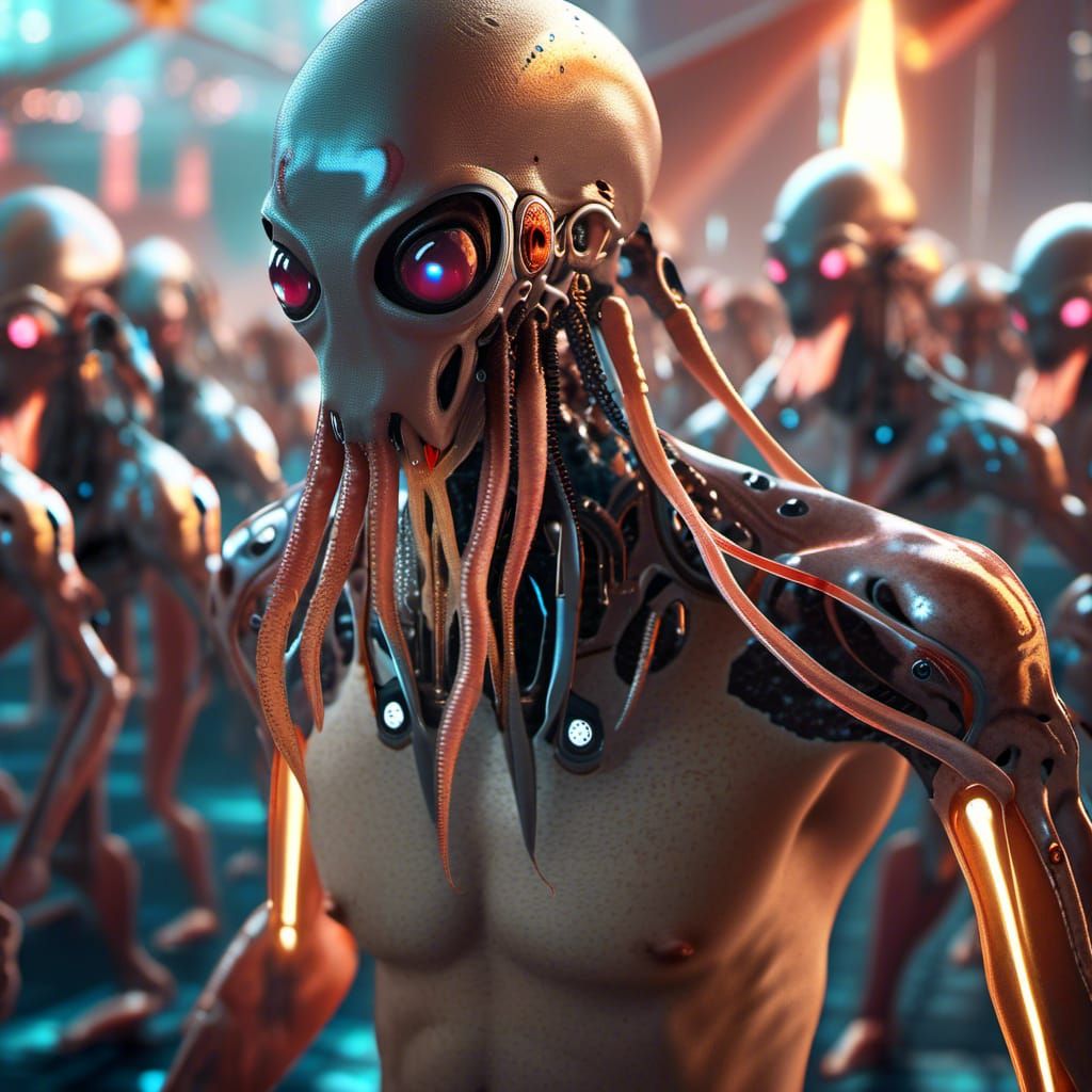 Cyborg Wrestles Alien Squid on Sci-Fi Battlefield