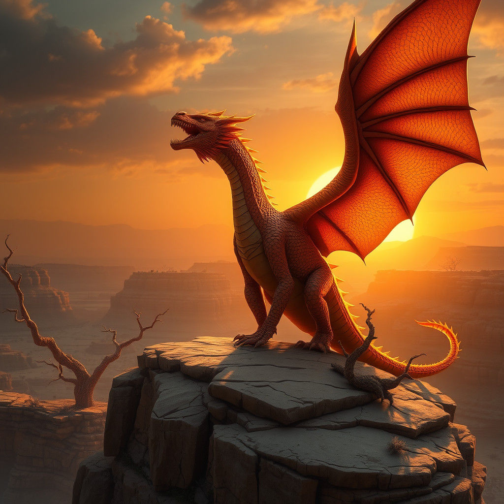 Golden Dragon Roaring at Desert Sunset