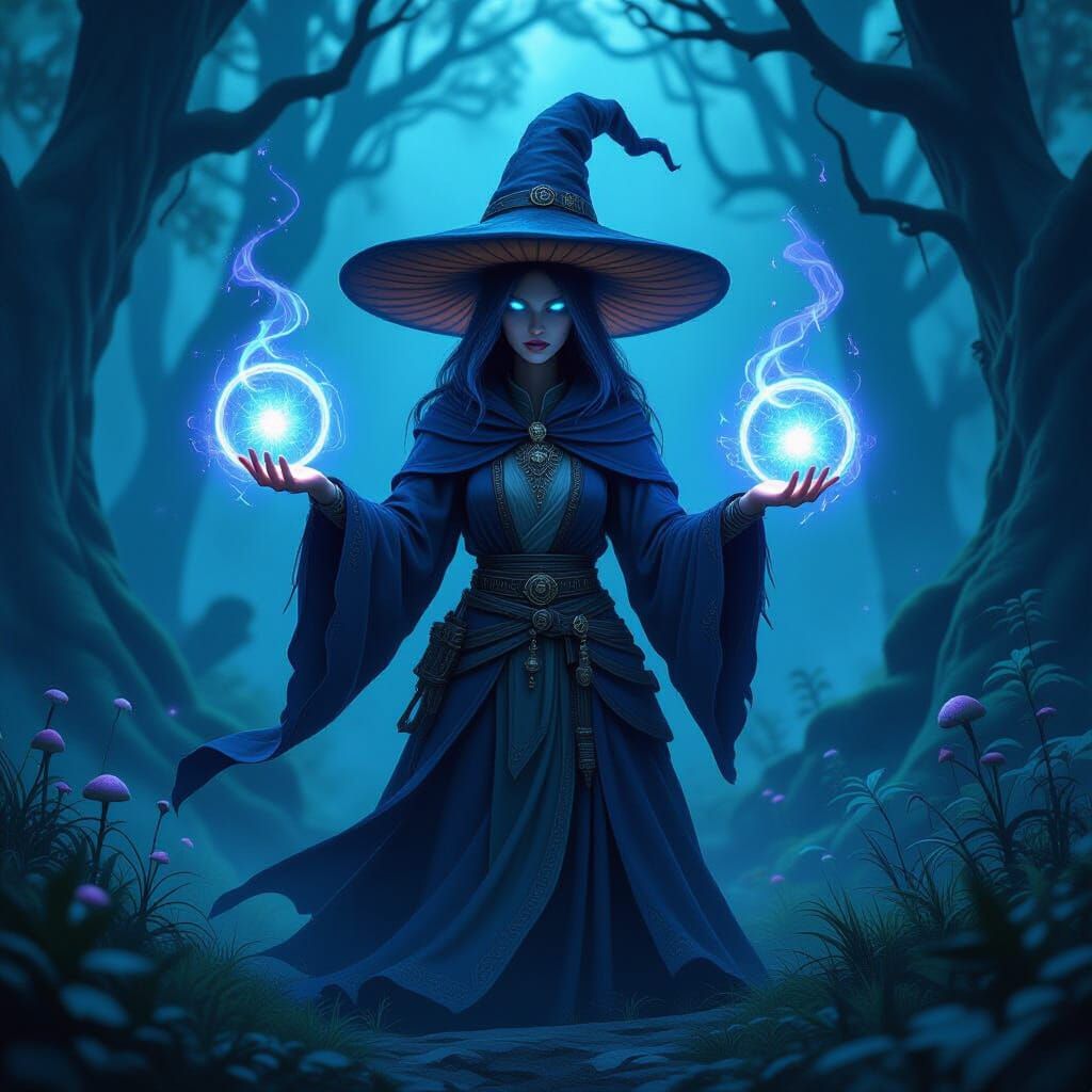 Fungril Wizard Conjuring Energy in Mystical Forest
