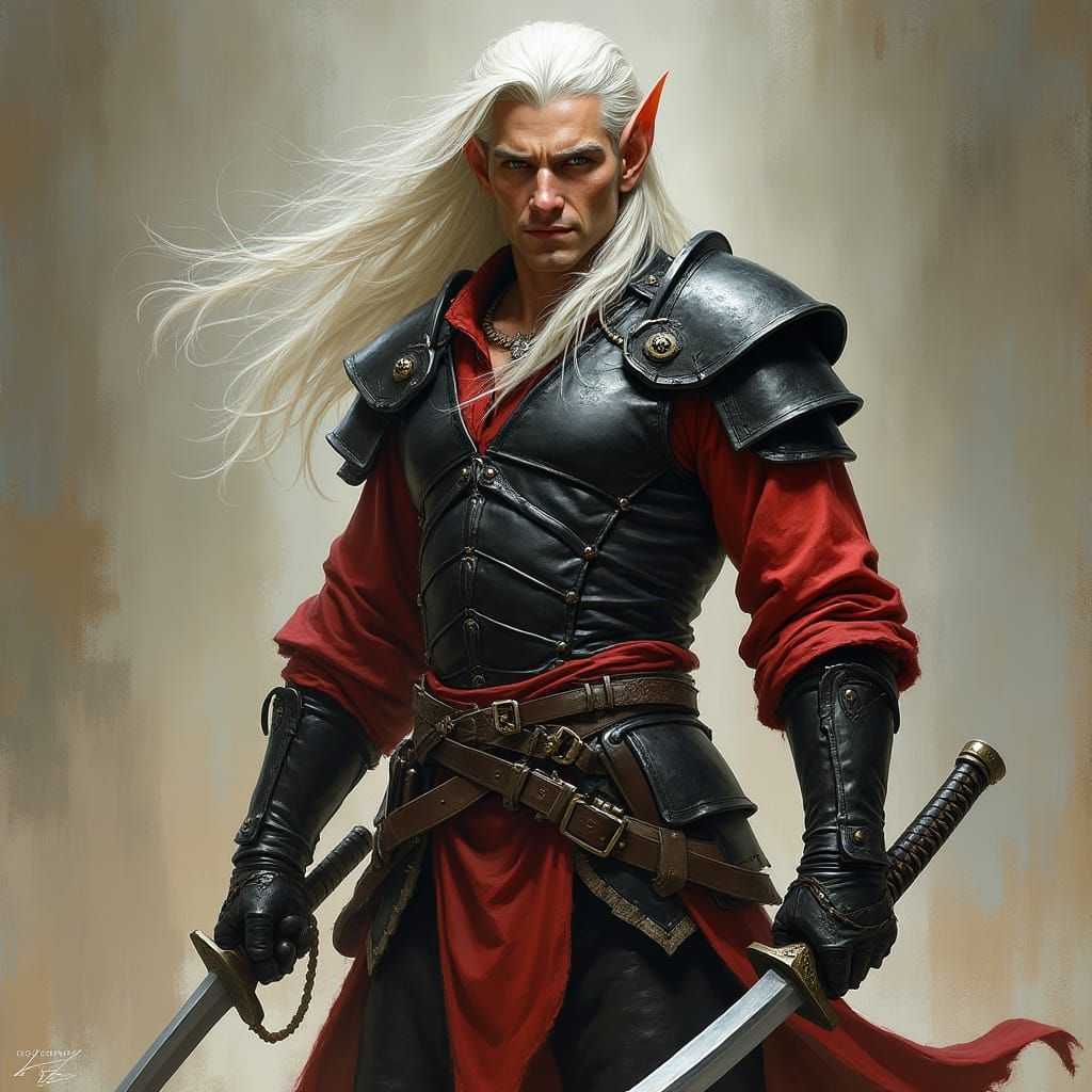 Elven Warrior with Katanas in Dark Fantasy Style