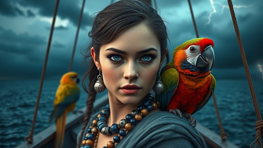 Hyperrealistic Portrait of Girl with Parrot on Ship