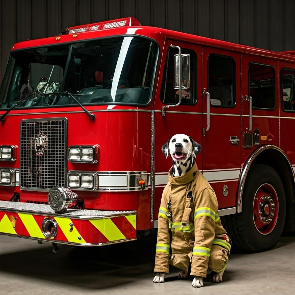 Dalmatian Firefighter on Red Fire Engine