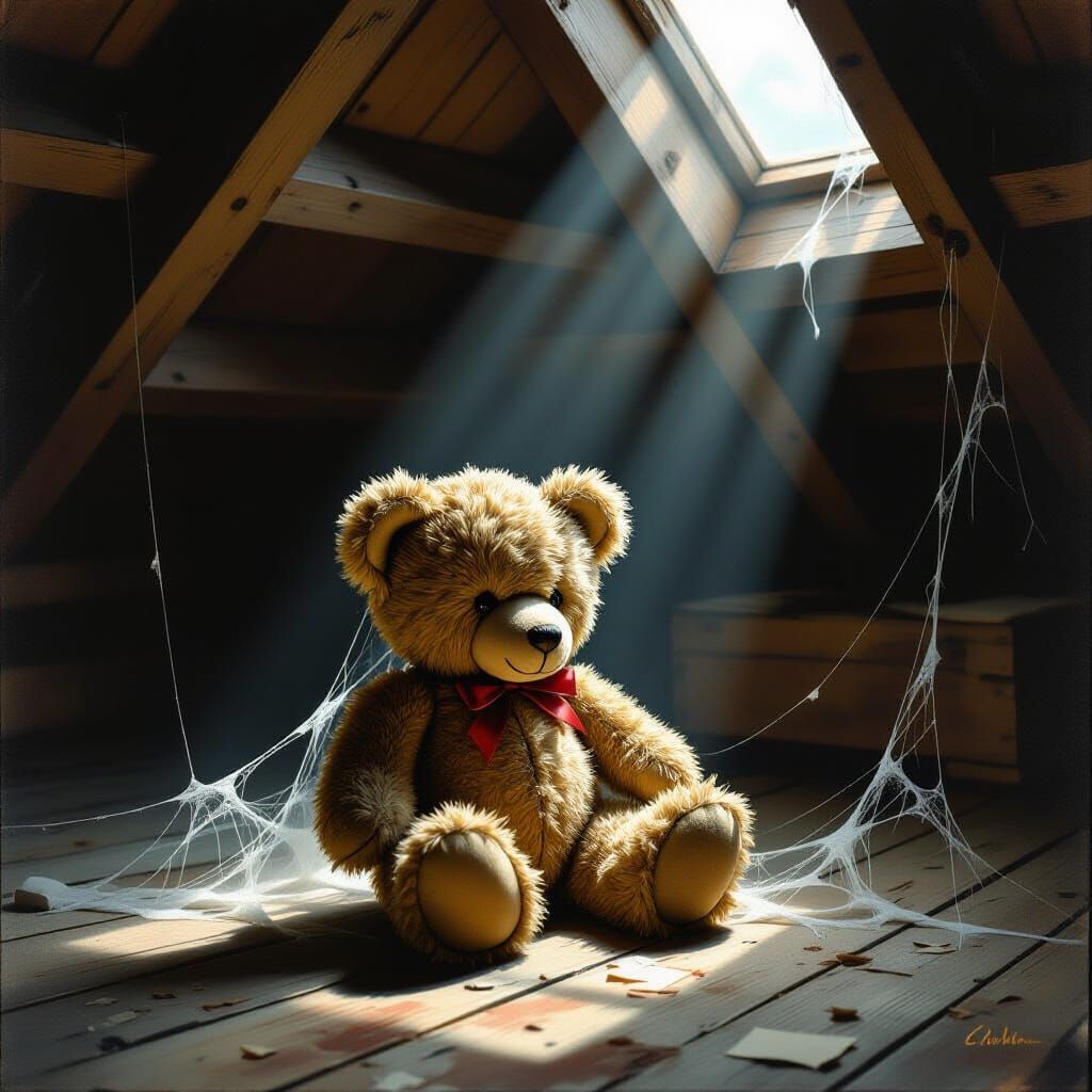 Antique Teddy Bear in Moonlit Attic, Pre-Raphaelite Style